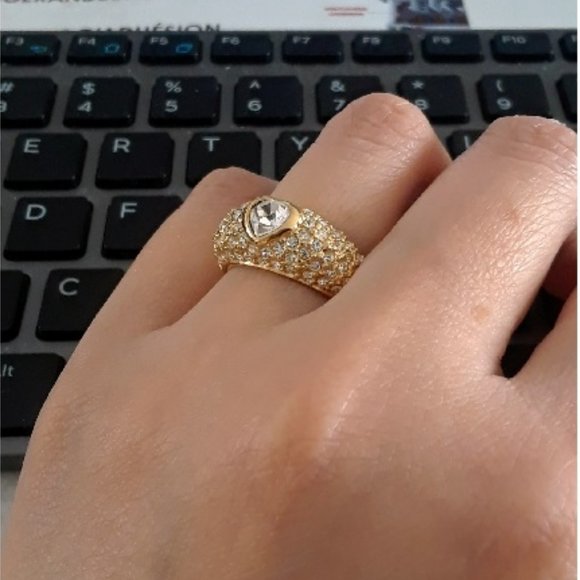 14K Italian Yellow Gold Plated CZ and Rhinestone Heart Shape Ring - Picture 4 of 5